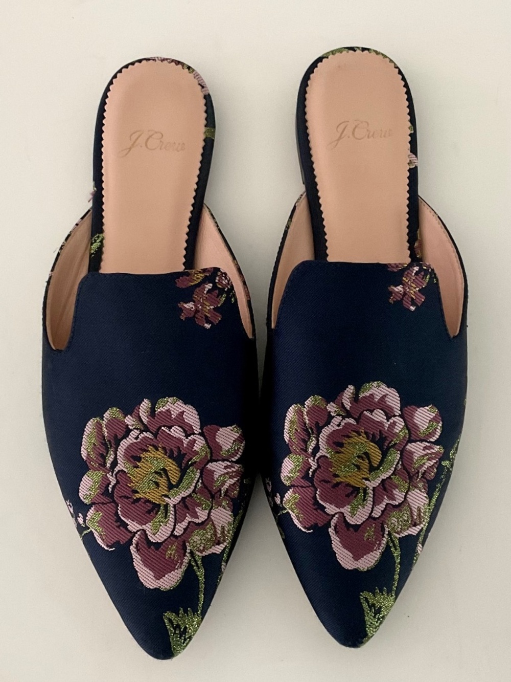 J. Crew Navy Floral Pointed Toe Mules